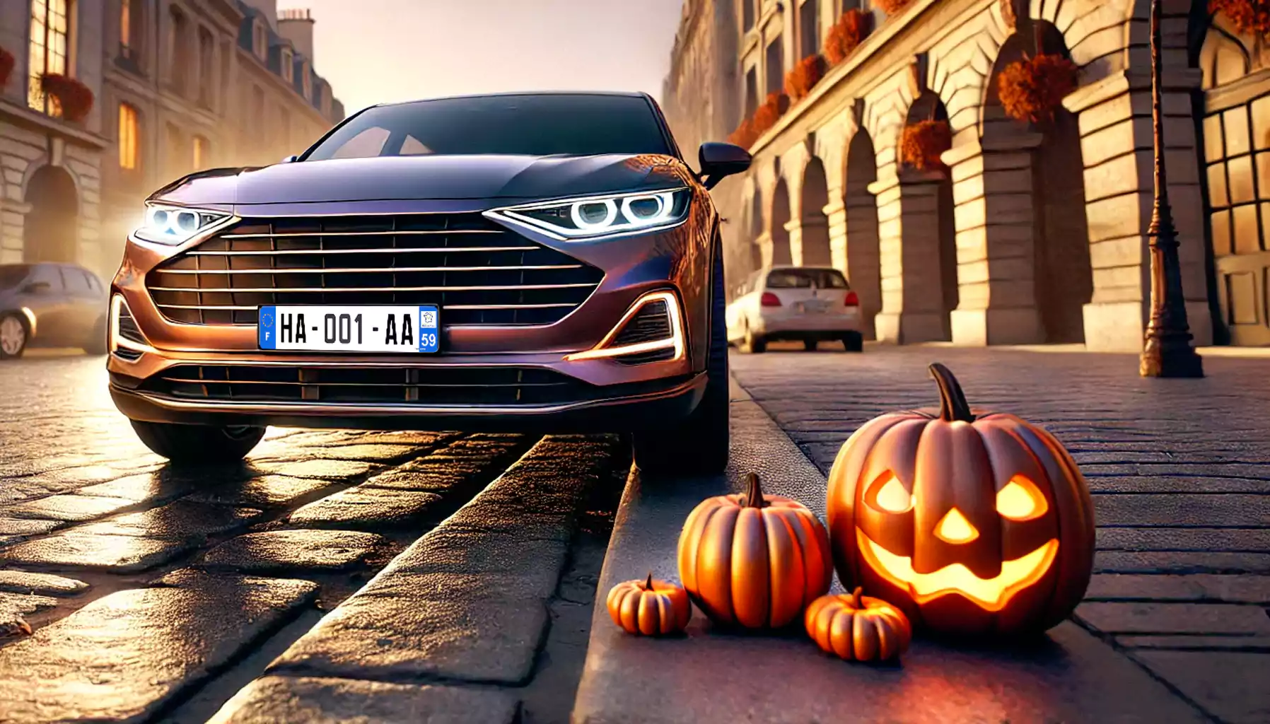 Vue d'une voiture dans une rue avec des citrouilles et une plaque d'immatriculation en HA